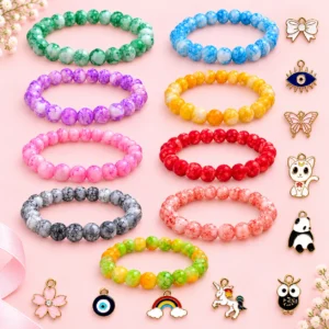 Marble glass bracelets with charms, 9-piece multicolour 8mm stretchable set