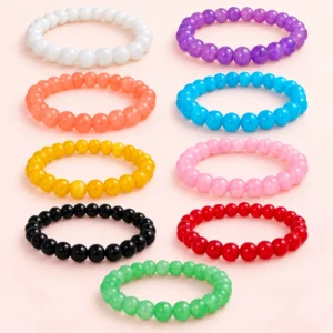 Jelly glass bracelets set of 9 with smooth 8mm beads and stretchable elastic cord