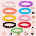 Jelly glass bracelets with 10 metal charms, 9-piece 8mm stretchable bracelet set