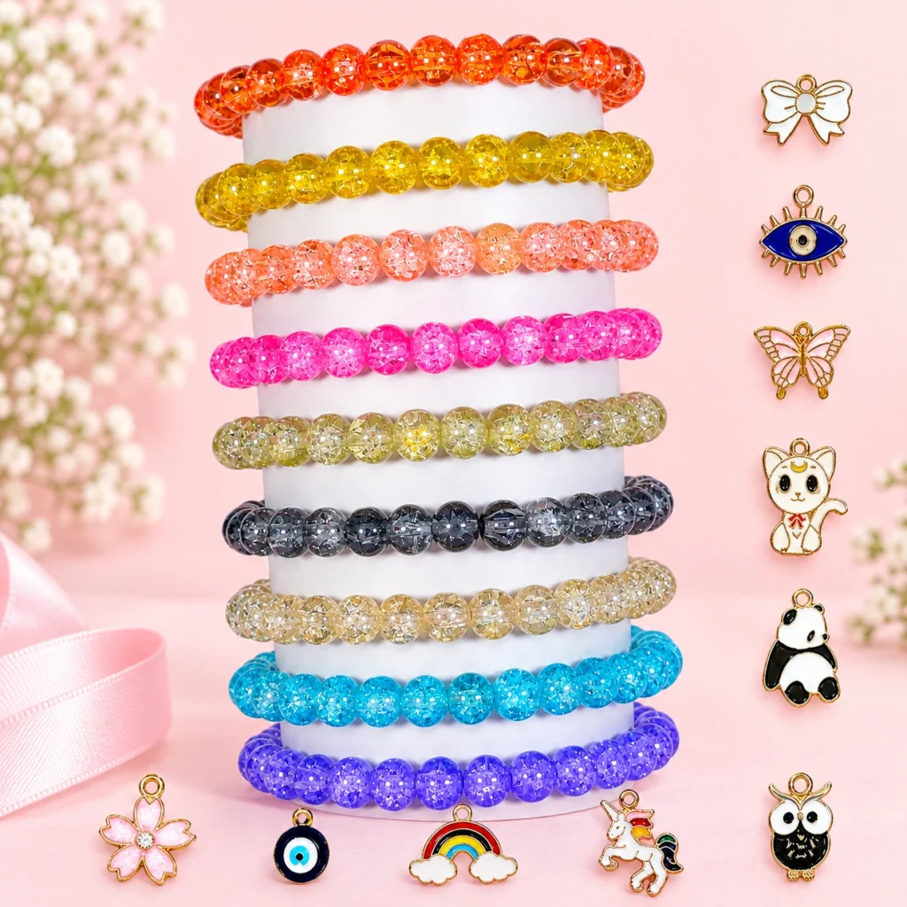Single tone sparkle glass bracelets with charms, 9-piece 8mm stretchable set