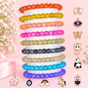 Single tone sparkle glass bracelets with charms, 9-piece 8mm stretchable set