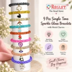 Single Tone Sparkle Glass Bracelets with Charms – Pack of 9, 8mm Stretchable - Image 5