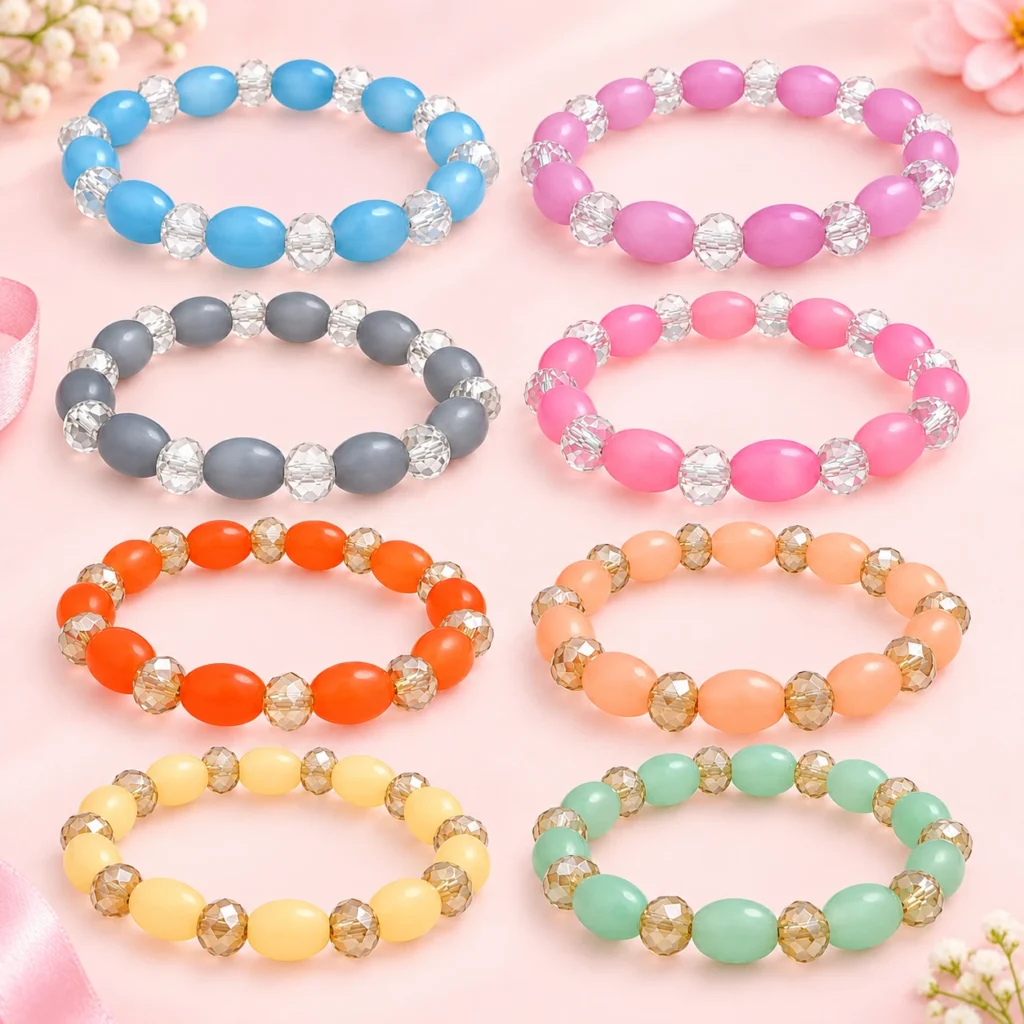 Oval and diamond cut glass bracelets set of 8 with 8mm stretchable beads