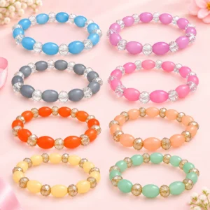 Oval and diamond cut glass bracelets set of 8 with 8mm stretchable beads