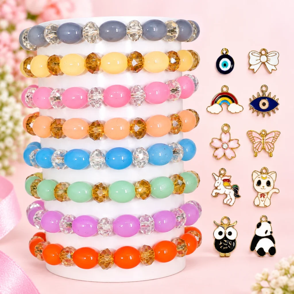 Oval and diamond cut glass bracelets with 10 metal charms, 8-piece 8mm set