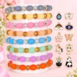 Oval and diamond cut glass bracelets with 10 metal charms, 8-piece 8mm set