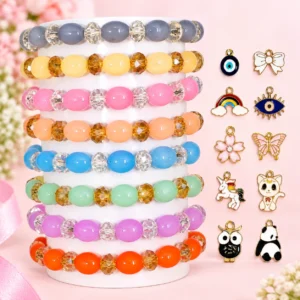 Oval and diamond cut glass bracelets with 10 metal charms, 8-piece 8mm set