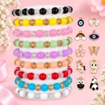 Jelly and diamond cut glass bracelets with 10 metal charms, 9-piece 8mm set