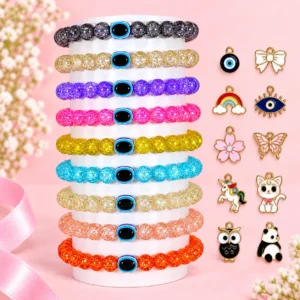 Single tone sparkle glass bracelets with Evil Eye beads, 9-piece 8mm stretchable set
