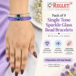 Single Tone Sparkle Glass Bracelets with Evil Eye – Pack of 9, 8mm Stretchable - Image 2