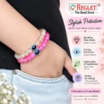 Single Tone Sparkle Glass Bracelets with Evil Eye – Pack of 9, 8mm Stretchable - Image 4
