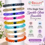 Single Tone Sparkle Glass Bracelets with Evil Eye – Pack of 9, 8mm Stretchable - Image 5