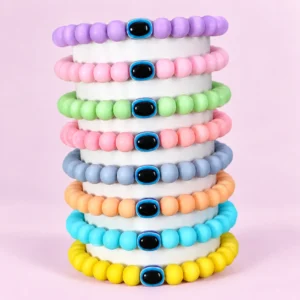 Pastel glass bracelets with Evil Eye beads, 8-piece 8mm stretchable set