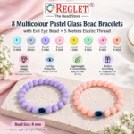 Pastel Glass Bracelets with Evil Eye – Pack of 8, 8mm Stretchable Jewellery - Image 3