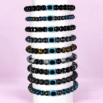 Black glass bracelets with Evil Eye beads, 9-piece set with 8mm and 6mm beads