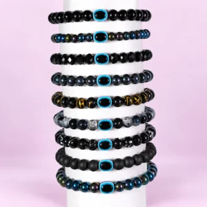 Black glass bracelets with Evil Eye beads, 9-piece set with 8mm and 6mm beads