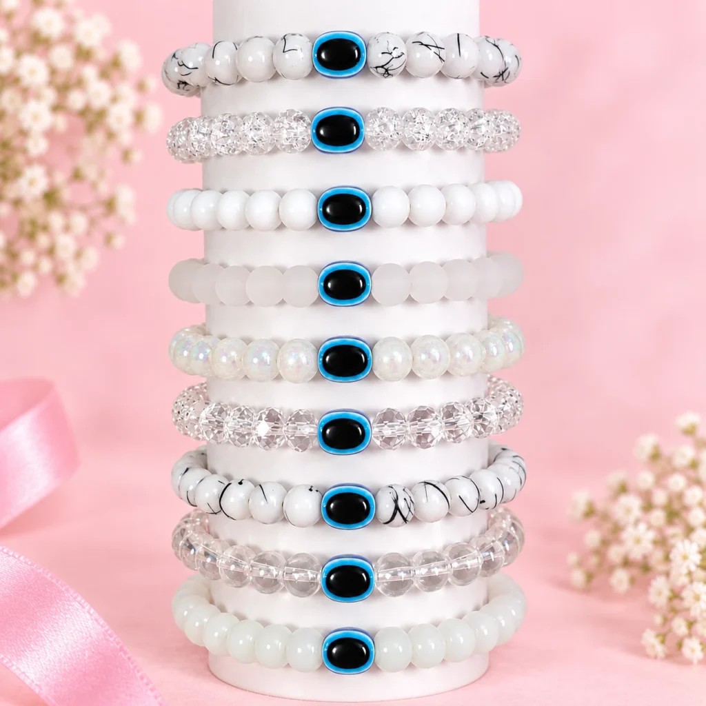 White glass bracelets with Evil Eye beads, 9-piece 8mm stretchable set