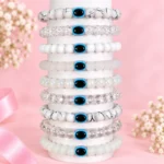 White glass bracelets with Evil Eye beads, 9-piece 8mm stretchable set