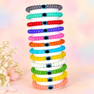 Disk shaped glass bracelets with Evil Eye beads, 12-piece 8x4mm stretchable set