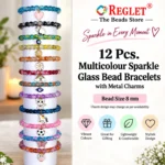 Dual Shade Sparkle Glass Bracelets with Charms – 12 Pcs, 8mm Stretchable - Image 2