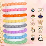 Oval glass bracelets with charms, 8-piece multicolour 8x11mm stretchable set