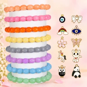 Oval glass bracelets with charms, 8-piece multicolour 8x11mm stretchable set