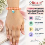 Oval Glass Bracelets with Charms – Pack of 8, 8x11mm Multicolour Stretchable - Image 2