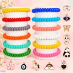 Disk shaped glass bracelets with charms, 12-piece multicolour 8x4mm stretchable set