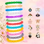 Cylinder glass bracelets with charms, 12-piece multicolour 8x11mm stretchable set