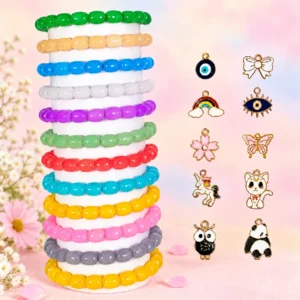 Cylinder glass bracelets with charms, 12-piece multicolour 8x11mm stretchable set