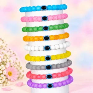Matt glass bracelets with Evil Eye beads, 9-piece multicolour 8mm stretchable set