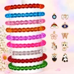 Crystal glass bracelets with charms, 9-piece multicolour stretchable bracelet set