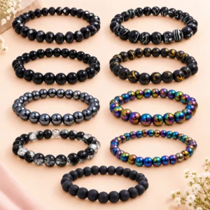 Black Glass Beads Bracelets Set