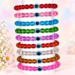 Crystal glass bracelets with Evil Eye beads, 9-piece multicolour 8mm stretchable set