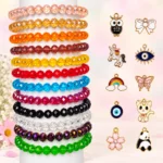 Diamond cut glass bracelets with charms, 12-piece multicolour 8mm stretchable bracelet set