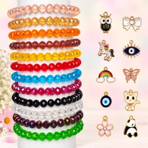 Diamond cut glass bracelets with charms, 12-piece multicolour 8mm stretchable bracelet set