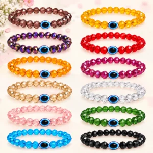 Diamond cut glass bracelets with Evil Eye beads, 12-piece multicolour 8mm stretchable set