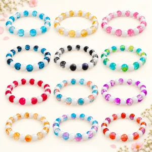 Dual shade sparkle and lustre glass bracelets with white pearl accents, 12-piece 8mm stretchable set