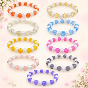 Single shade sparkle and lustre glass bracelets with white pearl accents, 9-piece 8mm stretchable set