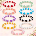 Jelly and lustre glass bracelets with white pearl accents, 9-piece multicolour 8mm stretchable set