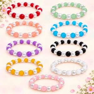 Jelly and lustre glass bracelets with white pearl accents, 9-piece multicolour 8mm stretchable set