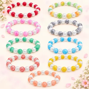 Marble and lustre glass bracelets with white pearl accents, 9-piece multicolour 8mm stretchable set
