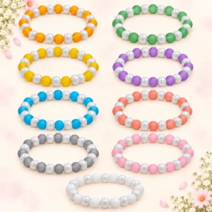 Matt and lustre glass bracelets with white pearl accents, 9-piece multicolour 8mm stretchable set