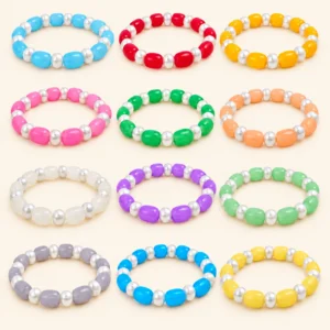 Cylinder and lustre glass bracelets with white pearl accents, 12-piece multicolour 8mm stretchable set