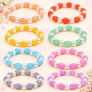 Oval and lustre glass bracelets with white pearl accents, 8-piece multicolour 12mm stretchable set