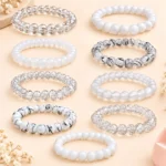 White glass bracelets set of 9 with 8mm stretchable beads and elastic cord