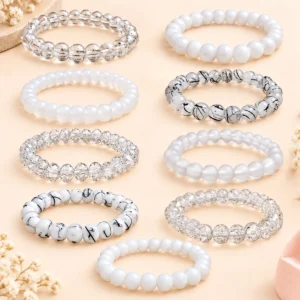 White glass bracelets set of 9 with 8mm stretchable beads and elastic cord