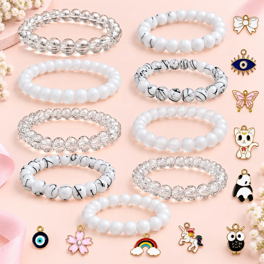 White glass bracelets with 10 metal charms, 9-piece 8mm stretchable set