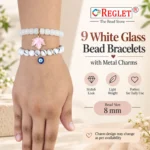White Glass Bracelets with Charms – Pack of 9, 8mm Stretchable - Image 2