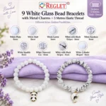 White Glass Bracelets with Charms – Pack of 9, 8mm Stretchable - Image 3